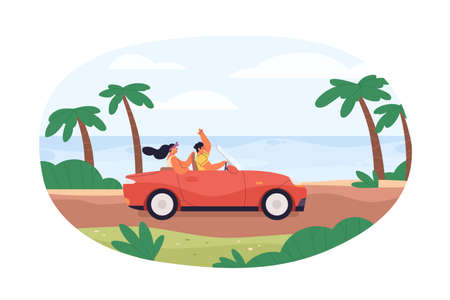 Couple travel by convertible car on summer holidays. Man and woman driving along sea coast. Summertime trip of romantic people in cabriolet. Flat vector illustration isolated on white backgroundのイラスト素材