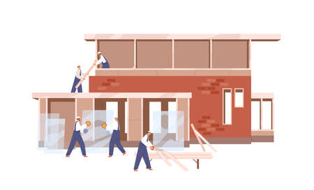 Workers building home, installing windows. Builders work outdoors, constructing residential house. Construction and renovation process. Flat graphic vector illustration isolated on white backgroundのイラスト素材
