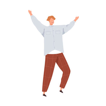 Happy excited man welcoming and greeting smb with smile and arms wide out. Friendly cheerful positive guy gesturing hi and joy with hands. Flat vector illustration isolated on white backgroundのイラスト素材