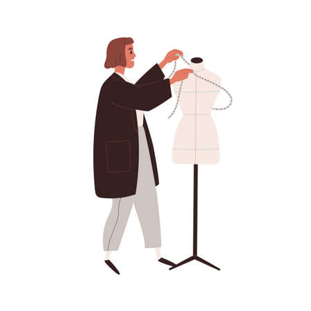 Tailor and mannequin. Dressmaker work with measuring tape and female torso model, dummy for sewing. Clothes designer and fabric manikin on stand. Flat vector illustration isolated on white backgroundのイラスト素材