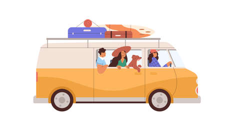 Friends travel by car on summer holidays. Happy people and dog in van during summertime road trip. Man, women and doggy in caravan on vacation. Flat vector illustration isolated on white backgroundのイラスト素材