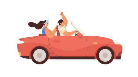 Couple in convertible car on summer road trip. Happy man and woman ride cabriolet. People driving cabrio. Male and female travel by auto. Flat graphic vector illustration isolated on white backgroundのイラスト素材