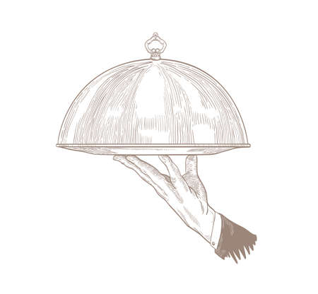 Waiter's hand holding tray for serving food and restaurant meals or platter with closed lid hand drawn on white background. Elegant monochrome vector illustration in vintage engraving style.のイラスト素材