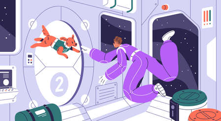 Astronaut and dog fly inside spaceship cabin during space flight. Cosmonaut and puppy floating in...