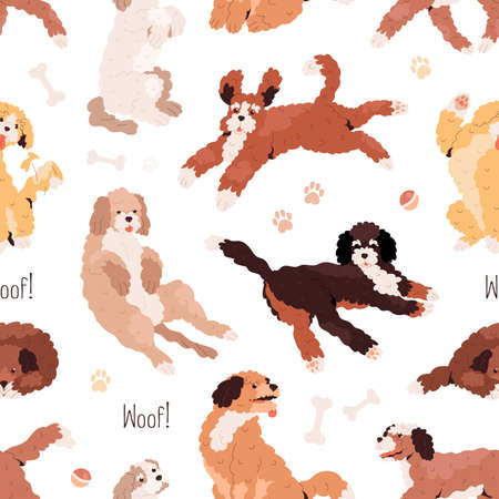 Cute dogs pattern. Seamless background with canine animals print. Repeating texture with labradoodle and goldendoodle puppies. Endless backdrop for decor and wrapping. Colored flat vector illustrationのイラスト素材