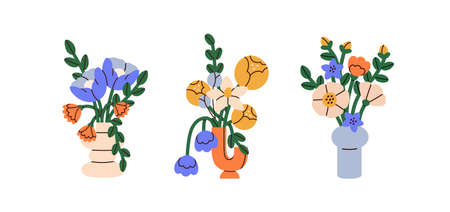 Bright flower bouquets set. Blossomed floral bunches in modern vases. Summer blooms, romantic gifts. Showy garden flora posies. Colored flat graphic vector illustrations isolated on white backgroundのイラスト素材