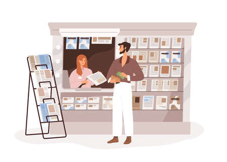 Street newsstand with latest press, daily newspapers. Customer buying paper in outdoor kiosk, news stand. Vendor selling at stall, newsagent. Flat vector illustration isolated on white backgroundのイラスト素材