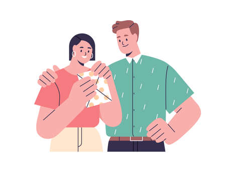 Happy love couple with surprise in envelope. Man presenting gift certificate to woman for Valentines day. Wife receiving present from husband. Flat vector illustration isolated on white backgroundのイラスト素材