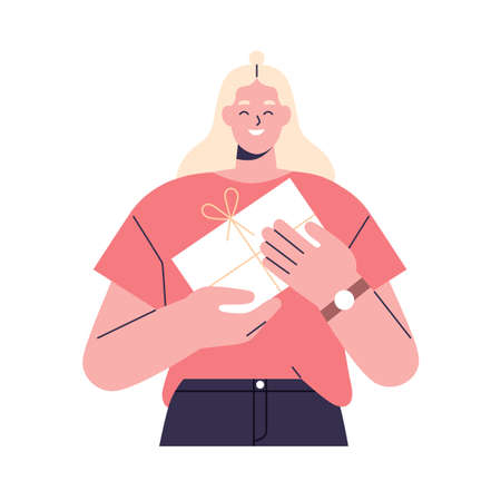 Happy woman with gift box in hands. Smiling person holding received present for holiday. Cheerful female with birthday surprise portrait. Flat vector illustration isolated on white backgroundのイラスト素材