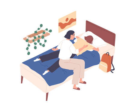 Parent supporting teenager. Mother comforting teen daughter. Adolescence crisis concept. Mom caring about girl, suffering from teenage problems. Flat vector illustration isolated on white backgroundのイラスト素材