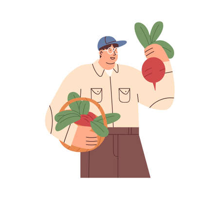 Happy farmer holding fresh vegetables in basket. Man with organic farm harvest. Smiling agriculture worker with beets portrait. Flat vector illustration isolated on white backgroundのイラスト素材