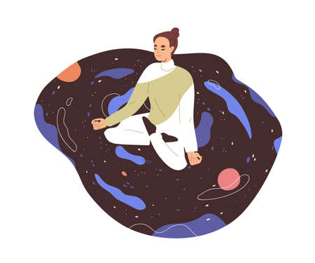 Peaceful woman at meditation. Person in yoga pose, meditating in universe. Zen, nirvana and enlightenment concept. Female at spiritual practice. Flat vector illustration isolated on white backgroundのイラスト素材