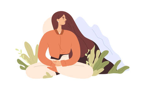 Woman meditating. Peaceful person during meditation, yoga and spiritual practice. Female relaxing in lotus pose. Harmony, zen, awareness concept. Flat vector illustration isolated on white background.のイラスト素材
