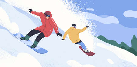 Snowboard riders sliding down slope at winter mountain resort. People riding snow boards on holidays. Snowy landscape with snowboarders. Sport leisure activity in Alps. Flat vector illustrationのイラスト素材