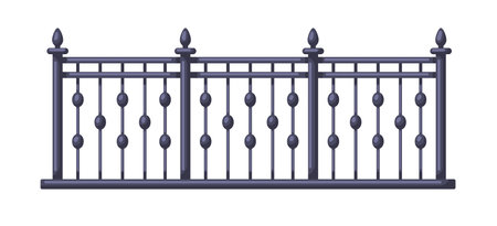 Black metal fence with decorative peaks. Blacksmith fencing, railing. Wrought iron handrail. Balcony and terrace rail design. Realistic flat vector illustration isolated on white backgroundのイラスト素材