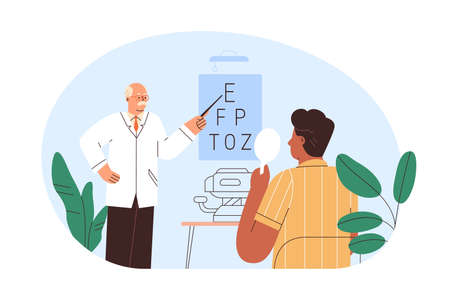 Ophthalmologist checking sight with eye chart at doctors office. Patient at eyesight test in...