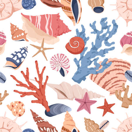 Seamless marine pattern with seashells, corals and starfishes. Repeating background with sea shells, mollusks, shellfishes print. Printable endless texture design. Colored drawn vector illustrationのイラスト素材