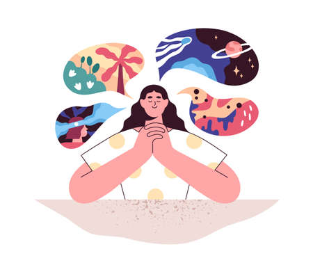 Imagination and creativity concept. Creative person imagining travel and future ideas. Happy woman dreaming and making wish. Mind of dreamer. Flat vector illustration isolated on white backgroundのイラスト素材