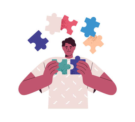 Business person finding idea and opportunity. Man connecting puzzle, jigsaw pieces, solving problem....
