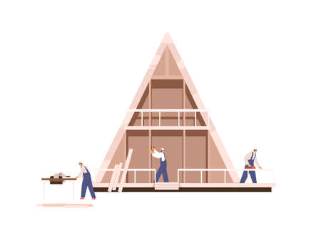 Workers at wood residential house construction. Building process. Builders work, build wooden timber home. Team in uniform working at site. Flat vector illustration isolated on white backgroundのイラスト素材
