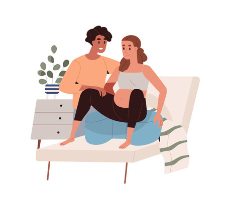 Pregnant woman in sitting labor position. Doula helping mother in pregnancy in squatting pose, assisting for baby delivery, supporting childbirth. Flat vector illustration isolated on white background.のイラスト素材