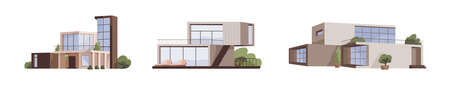 Modern houses, villas exteriors set. Residential buildings, real estate from glass, wood, concrete. home architecture. Mansions with terraces. Flat vector illustrations isolated on white background.のイラスト素材