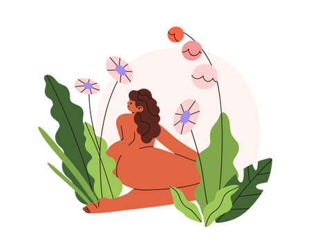 Nude womans body in flowers, plants. Female in unity, harmony with nature. Naked lady outdoors. Self-love and perception, psychological concept. Flat vector illustration isolated on white backgroundのイラスト素材
