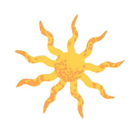 Summer sun icon. Hot yellow solar circle with beams, rays. Sunny light. Abstract sunlight symbol. Good weather. Flat vector illustration isolated on white backgroundのイラスト素材