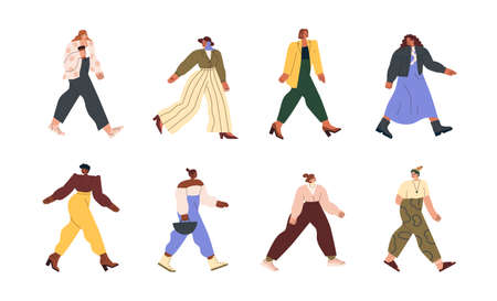 Young modern woman walking on street. Happy women in casual clothes going outdoors set. People in fashion stylish outfits strolling. Colored flat vector illustrations isolated on white backgroundのイラスト素材