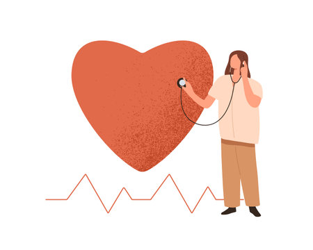 Cardiologist checking heart health. Cardiology concept. Doctor listening heartbeat at cardiovascular system examination. Medical cardiac checkup. Flat vector illustration isolated on white backgroundのイラスト素材