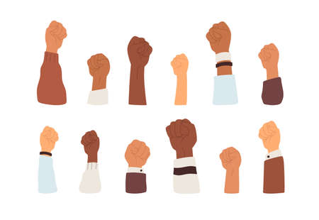 Raised clenched fists set. Diverse hands power, fighting for human rights. People arms up. Courage,...