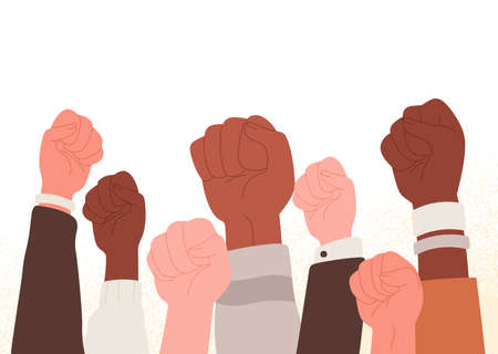 Peoples fists raised up at protest, strike. Activists arms. Crowd at demonstration, revolution. Fight for human rights and freedom concept. Flat vector illustration isolated on white backgroundのイラスト素材