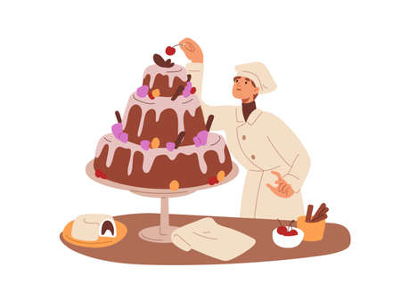Pastry-cook decorating cake. Chef cooker, confectioner cooking delicious sweet dessert, adding...