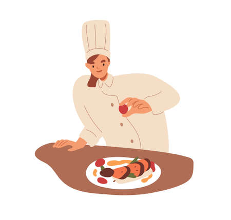 Chef cook preparing food, decorating dish in haute cuisine restaurant. Woman adding final touch, cooking. Culinary art, fine dining concept. Flat vector illustration isolated on white backgroundのイラスト素材