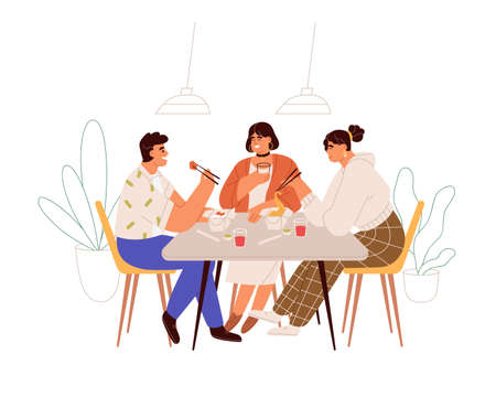 People having meal, lunch at table. Happy friends sitting together in cafe with Asian wok, eating and talking. Man and women with dinner food. Flat vector illustration isolated on white backgroundのイラスト素材