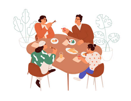 Happy family having meal, dinner at table. Parents and kids sitting and eating. Mother, father and children, boy and girl, talk at lunch together. Flat vector illustration isolated on white backgroundのイラスト素材