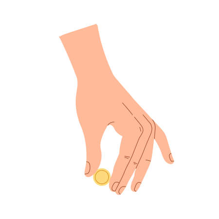 Gold coin squeezed in fingers. Hand holding dollar cent, money for donations and contribution. Finance help, support and charity concept. Flat vector illustration isolated on white backgroundのイラスト素材