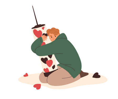 Sad love addicted person suffering from relationship dependence, affection. Psychology concept of heart addition, problem. Man in grief, sorrow. Flat vector illustration isolated on white backgroundのイラスト素材