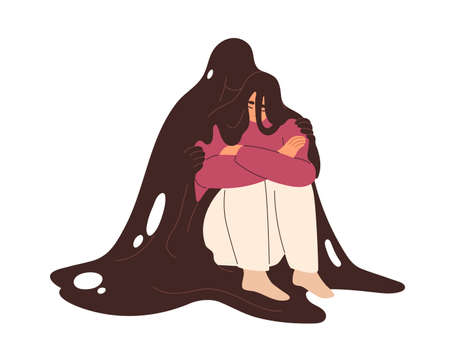 Sad unhappy person in depression, grief. Depressed woman with mental disorder in sorrow, despair and frustration. Psychology concept. Flat graphic vector illustration isolated on white backgroundのイラスト素材