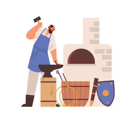 Medieval blacksmith working with hot metal, iron and hammer. Ancient smith in forge workshop. Professional artisan in apron in anvil, workroom. Flat vector illustration isolated on white backgroundのイラスト素材