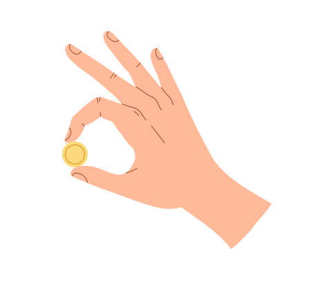 Coin in fingers. Hand holding cash money, dollar cent, gesturing OK. Finance bonuses and benefits, cashback, help, donation and charity concept. Flat vector illustration isolated on white backgroundのイラスト素材