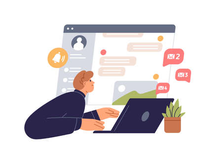 Chat, communication via internet. Person receiving notifications about new unread messages. Online correspondence in messenger at laptop computer. Flat vector illustration isolated on white backgroundのイラスト素材