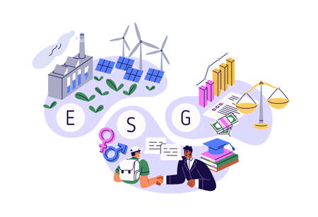 ESG concept. Environmental, social and corporate governance. Sustainable responsible ethical approach and values in business and management. Flat vector illustration isolated on white backgroundのイラスト素材