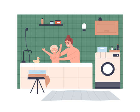Mother and kid taking bath in home bathroom. Happy mom and boy child in bathtub together. Smiling woman and son toddler washing in tub with joy. Flat vector illustration isolated on white backgroundのイラスト素材