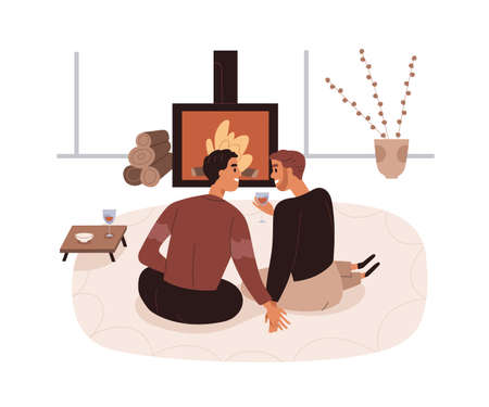 Love couple relax on romantic date at home. Homosexual men with wine by fireplace in living room. Happy gay partners in cosy apartment in evening. Flat vector illustration isolated on white backgroundのイラスト素材