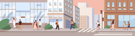 City street panorama. Cityscape with people, buildings, cross road. Modern urban lifestyle scene with pedestrians going at sidewalks in metropolis. Downtown on summer day. Flat vector illustrationのイラスト素材