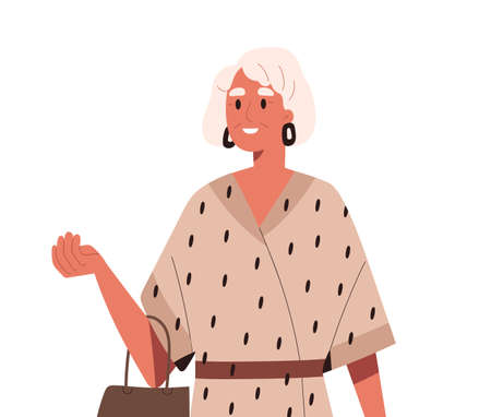 Happy old woman in modern fashion clothes. Stylish wealthy lady of senior age. Elderly person wearing earrings, dress, accessories outdoors. Flat vector illustration isolated on white backgroundのイラスト素材