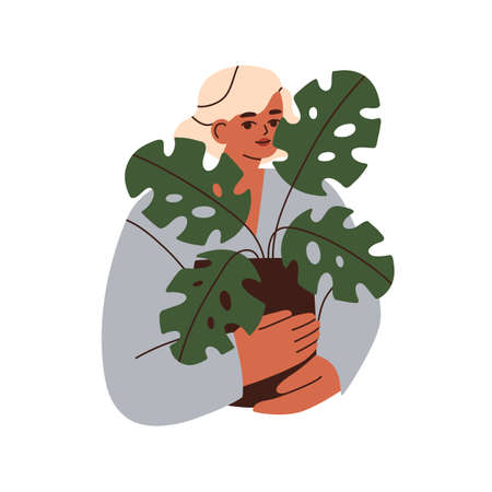 Young woman holding potted house plant. Female with monstera, green-leaf houseplant growing in flowerpot. Person with home foliage decor. Flat graphic vector illustration isolated on white backgroundのイラスト素材