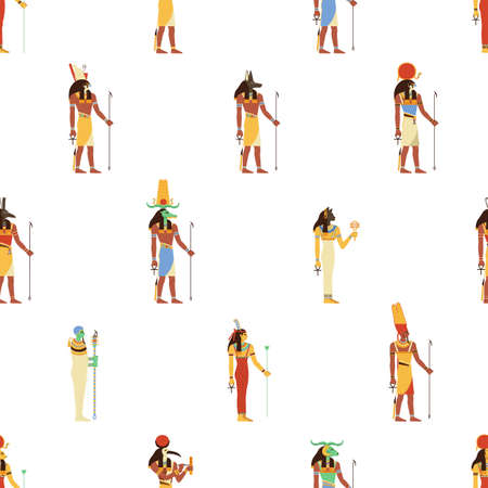 Seamless pattern with Ancient Egypts gods. Egyptian history background with repeating print, ornament of old deities. Endless historical texture design for decoration. Flat graphic vector illustrationのイラスト素材