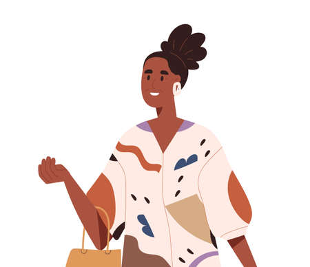 Happy black woman walking outdoors. Modern mature female going in fashion casual clothes with bag in hands. African-American person strolling. Flat vector illustration isolated on white backgroundのイラスト素材